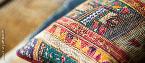 Decorative cushion with intricate embroidery patterns displayed on a textured surface showcasing vibrant colors and detailed design Copy Space