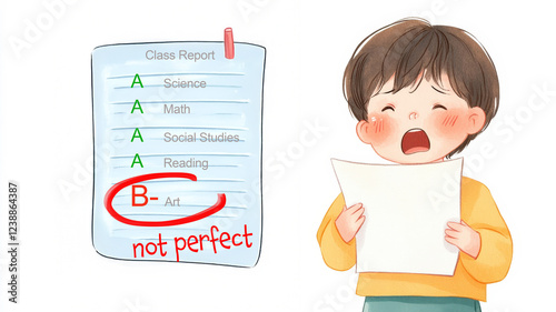 A distressed child holds a report card showing a grade of B-, feeling disappointed about not achieving perfection.