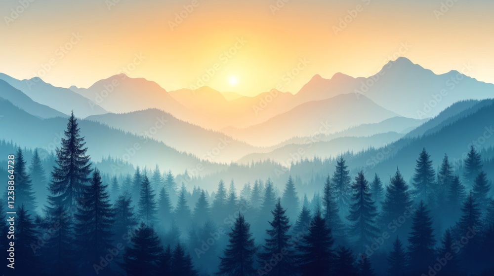 Obraz premium Misty Mountain Forest at Sunrise