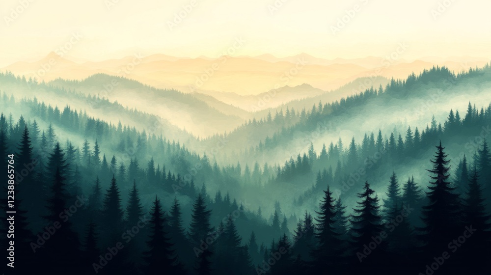 Obraz premium Misty Mountain Forest at Sunrise