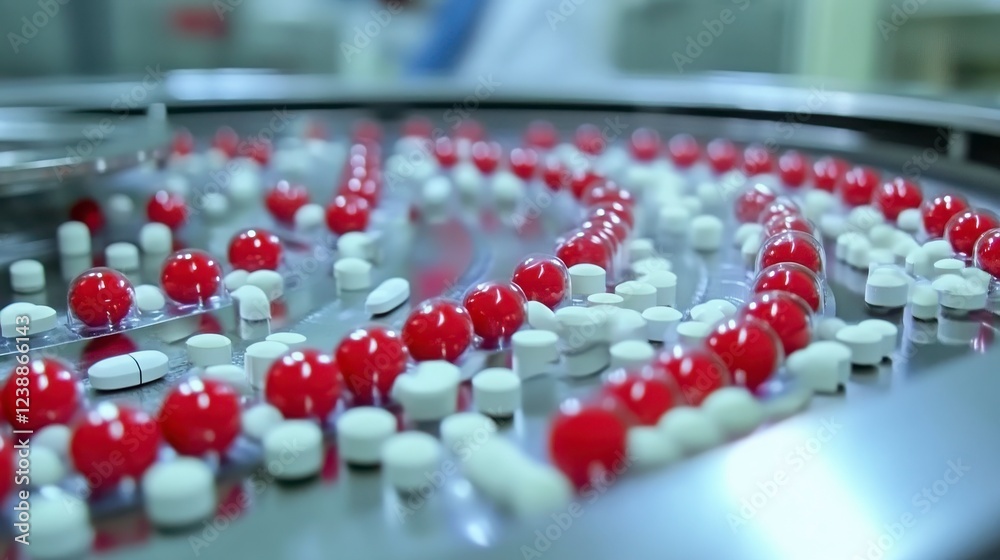 Fototapeta premium Red and White Pills on a Conveyor Belt in a Pharmaceutical Factory