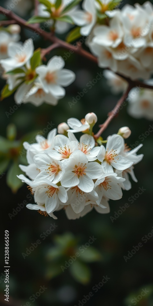 Blossoming white flowers with a lush green backdrop in springtime garden Blossoming white flowers with a lush green backdrop in springtime garden