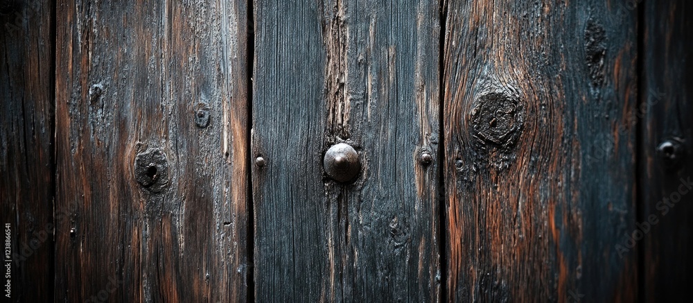 Fototapeta premium Textured close-up of weathered wooden planks with metal knob on dark rustic door background with detailed grain patterns Copy Space