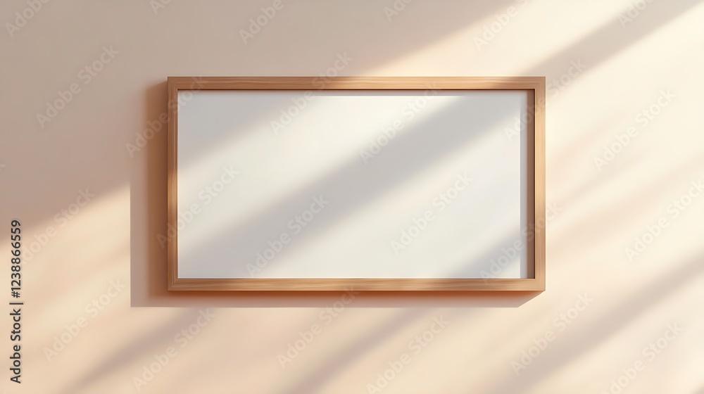 A broad, empty wall adorned with a white mockup in a beige wooden frame.
A broad, empty wall adorned with a white mockup in a beige wooden frame.