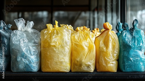 Colorful garbage bags lined up in a storage area, showcasing waste management practices and urban life