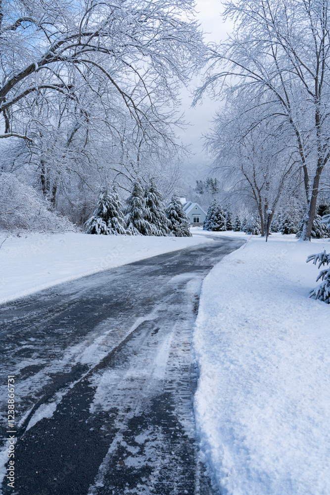 Obraz premium winter house and driveway after snow storm