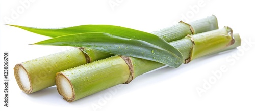 Fresh sugarcane stalks with green leaves on a white background showing water droplets and copy space for text photo