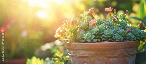 Succulent plants in terracotta pot illuminated by sunlight with blurred garden background and copy space for text photo