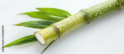 Fresh sugarcane stalk with green leaves and water droplets on a light background ideal for food or beverage concepts Copy Space