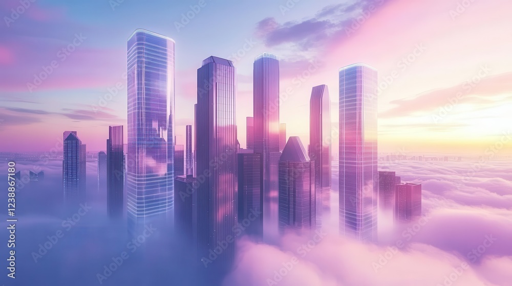 Fototapeta premium a futuristic megalopolis floating in clouds, gleaming chrome skyscrapers with holographic displays, geometric architecture, dramatic sunset lighting, clean minimal style