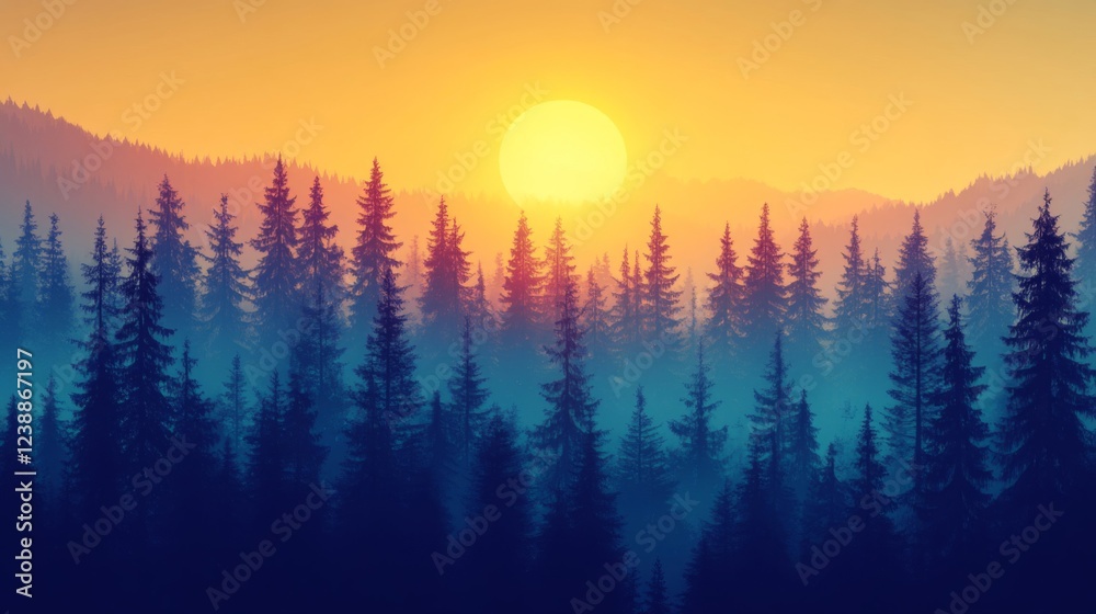 Obraz premium Vibrant Sunset Over a Misty Forest Landscape