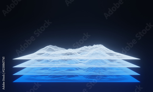 3D topographic mountain grid wireframe. Holographic terrain map