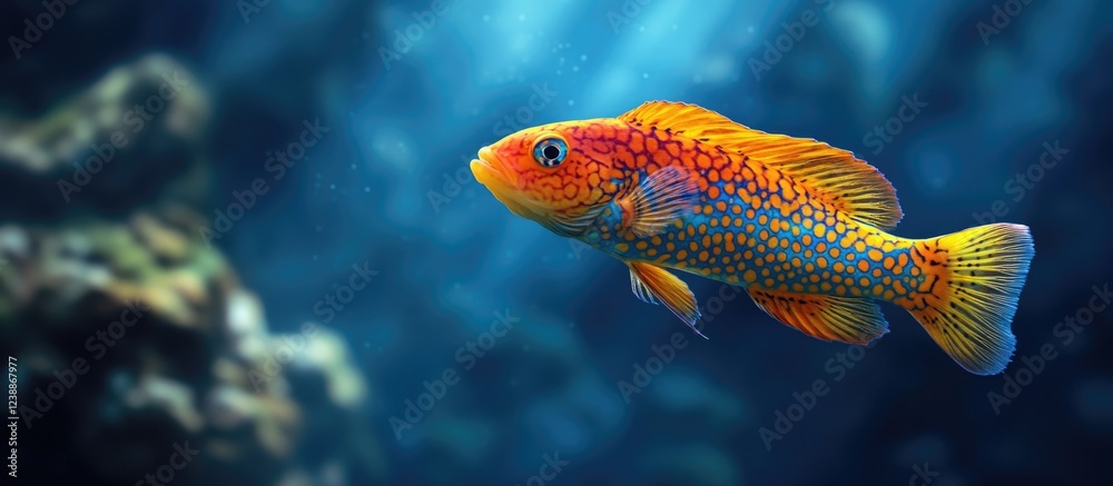 Fototapeta premium Colorful tropical fish swimming in clear blue water with vibrant orange and blue patterns, underwater scene, Copy Space