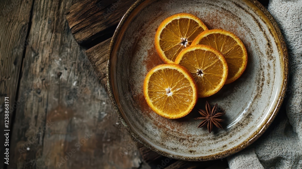 a rustic citrus spice cake with candied orange slices, dusted with cinnamon and star anise, styled on vintage ceramic plate, overhead composition, soft natural lighting, warm tones a rustic citrus spice cake with candied orange slices, dusted with cinnamon and star anise, styled on vintage ceramic plate, overhead composition, soft natural lighting, warm tones