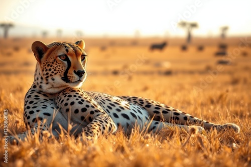 Cheetah Resting in Golden African Savanna at Sunset
