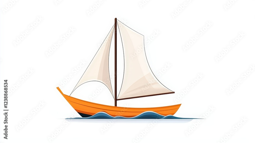 Fototapeta premium Colorful sailboat sailing on calm waves in a clear blue sky, minimalistic vector art design