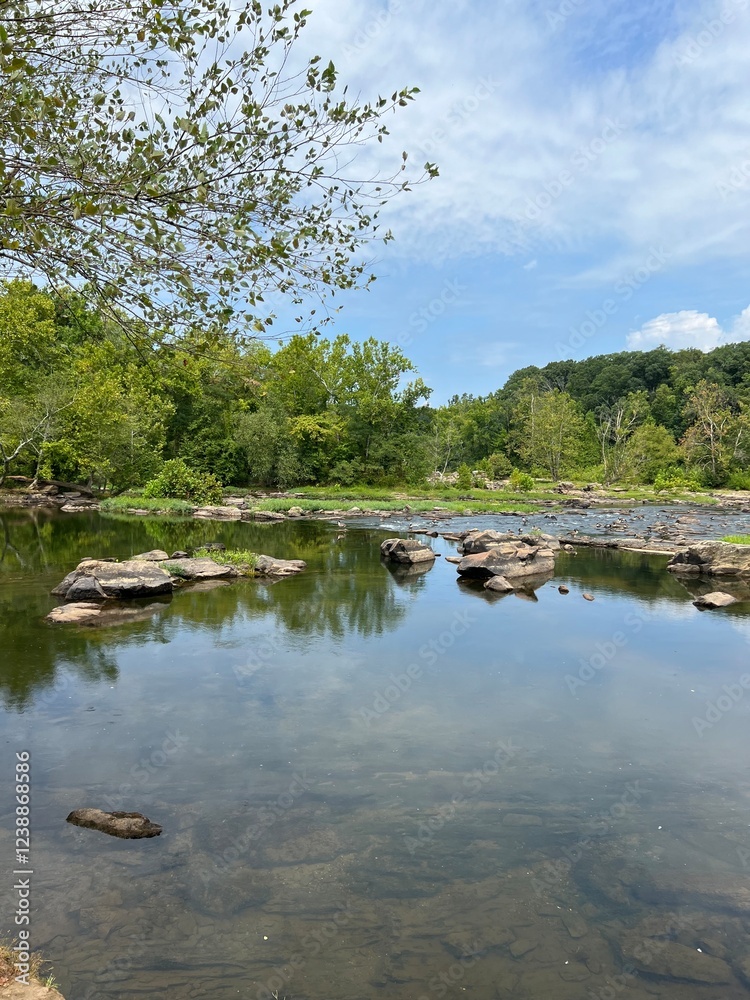 Reflective clear water river with blue sky Reflective clear water river with blue sky
