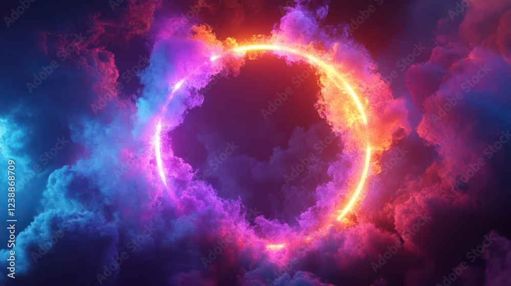 Obraz premium abstract digital art featuring luminous neon smoke rings expanding from central void, electric colors, dramatic lighting effects