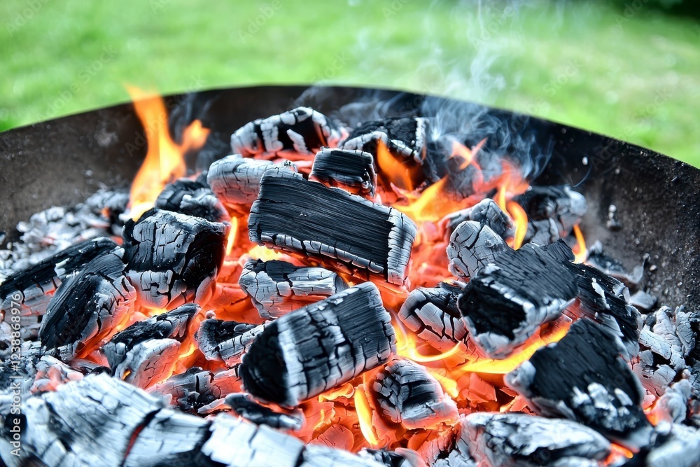 Glowing Charcoal with Flames and Smoke in a Fire Pit on a Green Lawn During a Summer Evening Gathering