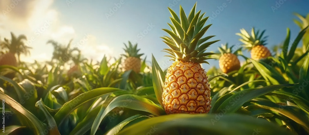 Pineapple growing in a lush field with green leaves against a bright sky in a tropical setting Copy Space Pineapple growing in a lush field with green leaves against a bright sky in a tropical setting Copy Space
