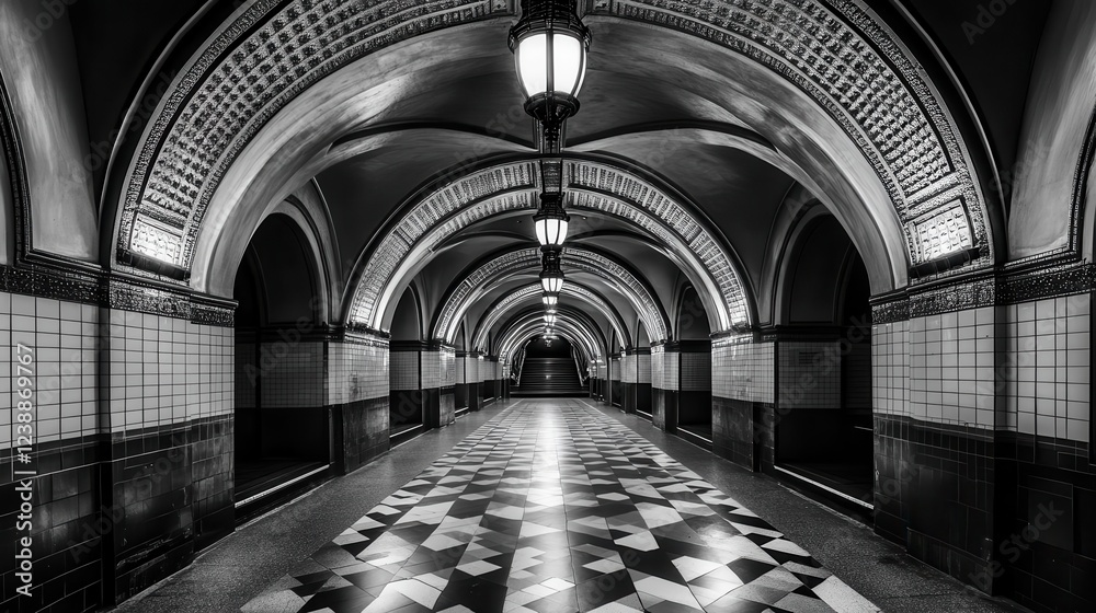 Obraz premium art deco subway station with sweeping arched ceilings, geometric tile patterns, and vintage lighting fixtures casting dramatic shadows, black and white