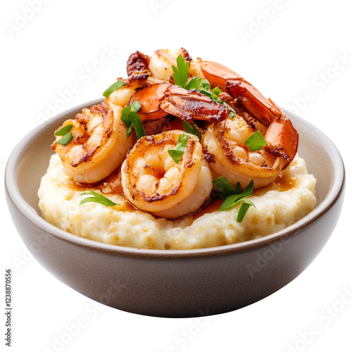 Delicious shrimp served over creamy grits in a bowl.