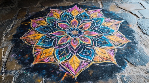 An intricate mandala pattern drawn in colorful chalk on a stone floor. photo