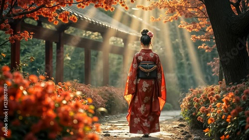 An Asian woman of noble origin in a festive kimono walks slowly through a blooming Japanese garden