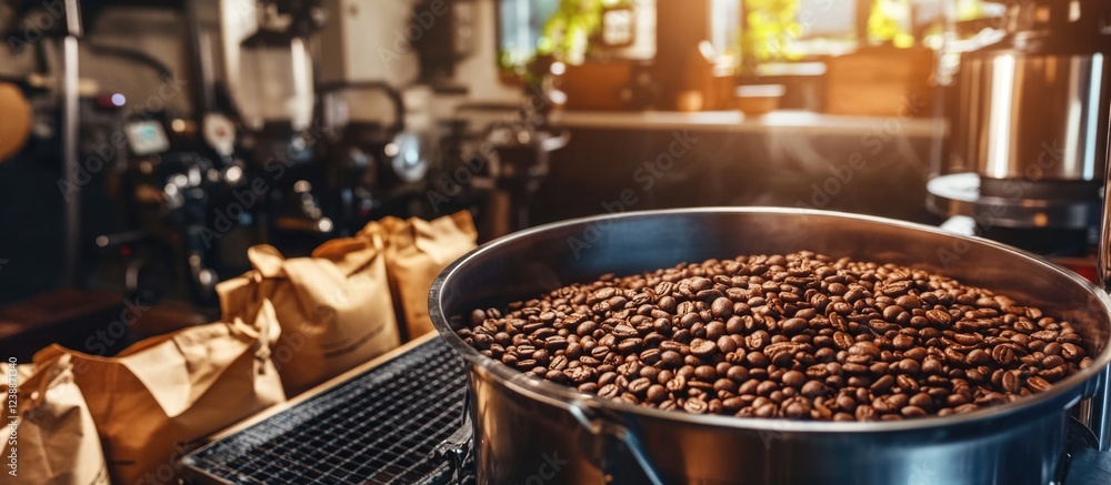 Freshly roasted coffee beans in large metallic container with bags in background, showcasing coffee shop or roasting facility interior, Copy Space Freshly roasted coffee beans in large metallic container with bags in background, showcasing coffee shop or roasting facility interior, Copy Space
