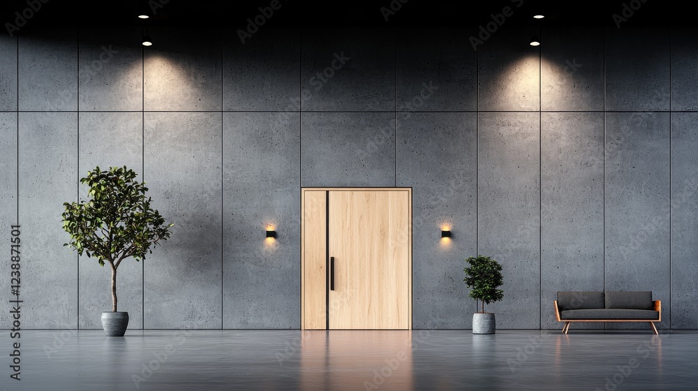 Modern office entrance, wood door, concrete wall, plants, waiting area