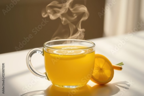Hot Lemon Tea in Glass Mug on White Table