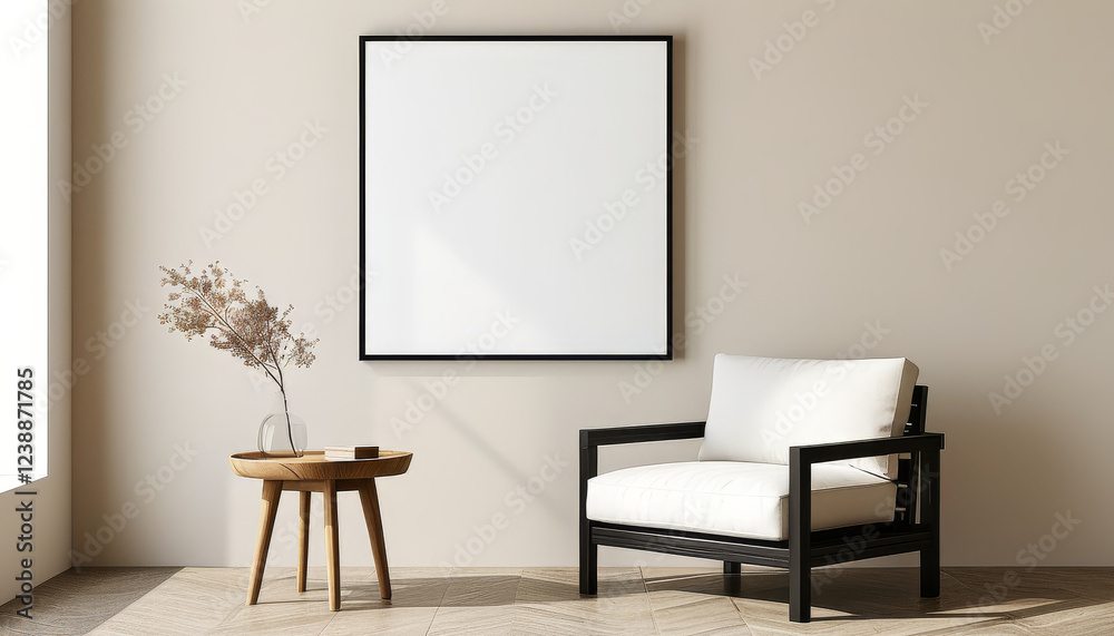 Blank picture frame mockup, Minimalist thin black frame around a white canvas, placed against a soft beige wall, with a small wooden side table nearby, wall art presentation template, Picture frame Blank picture frame mockup, Minimalist thin black frame around a white canvas, placed against a soft beige wall, with a small wooden side table nearby, wall art presentation template, Picture frame