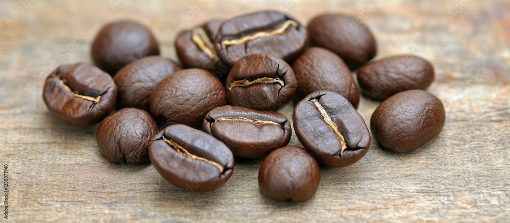 Close-up of roasted coffee beans arranged on a wooden surface with natural light and texture, Copy Space Close-up of roasted coffee beans arranged on a wooden surface with natural light and texture, Copy Space