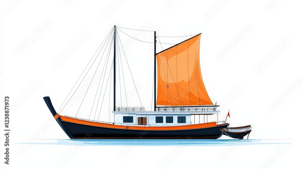 Obraz premium Traditional Sailing Boat with Orange Sail on Calm Water Background for Maritime Illustrations