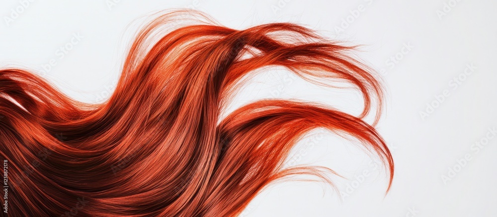 Red flowing hair on a white background with dynamic strands showcasing texture and movement Copy Space Red flowing hair on a white background with dynamic strands showcasing texture and movement Copy Space