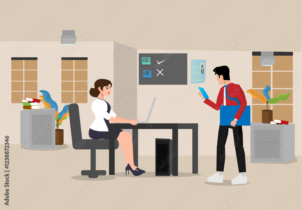 A women is in the office operating a computer and a man is carrying a blue folder A women is in the office operating a computer and a man is carrying a blue folder