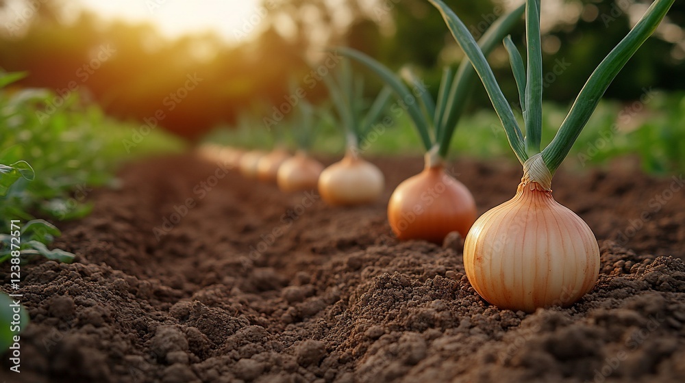 Young onions growing in a fertile field at sunset. Young onions growing in a fertile field at sunset.