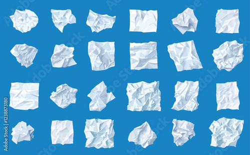 Crumpled paper. Notes trash balls, white wrinkled blank crinkled sheet, wastepaper recycling vector illustration