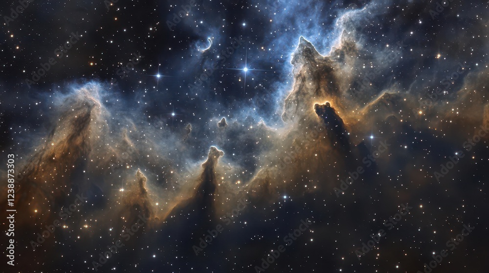 Naklejka premium celestial nightscape with luminous nebula cluster, ethereal star formations in white and cerulean hues, wispy cosmic clouds, barely visible crescent moon