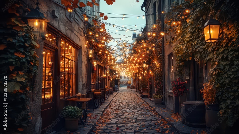 Obraz premium charming european cobblestone alley at twilight, string lights twinkling overhead, ivy-covered walls, vintage lanterns, warm cafe windows glowing, autumn leaves scattered