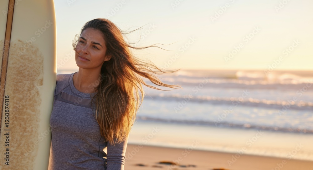 Young caucasian female surfer standing on beach at sunset holding surfboard Young caucasian female surfer standing on beach at sunset holding surfboard