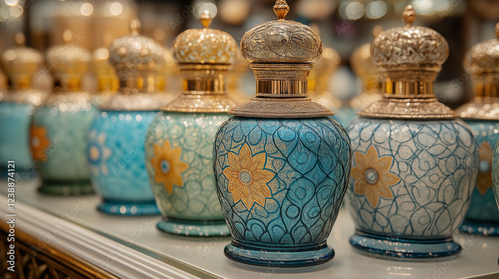 Ornate turquoise perfume bottles with golden lids on a shelf Ornate turquoise perfume bottles with golden lids on a shelf