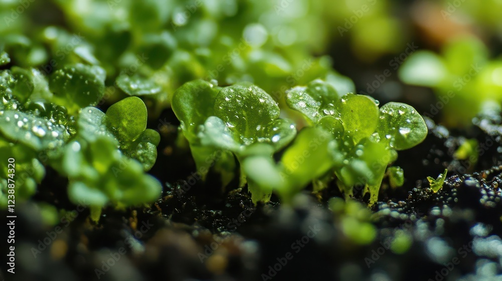 close-up macro photography of vibrant green seedling emerging from rich dark soil, morning dew drops, ethereal natural lighting close-up macro photography of vibrant green seedling emerging from rich dark soil, morning dew drops, ethereal natural lighting