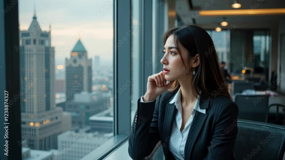 Woman in business suit contemplates city skyline from high rise office window, reflecting on her future and aspirations. Woman in business suit contemplates city skyline from high rise office window, reflecting on her future and aspirations.