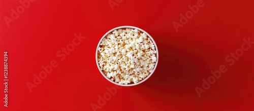 Bowl of popcorn on a bright red background showcasing snack food with copy space for text photo