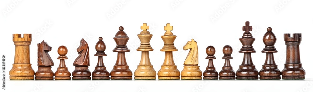 A beautifully arranged set of wooden chess pieces showcasing various designs and styles A beautifully arranged set of wooden chess pieces showcasing various designs and styles
