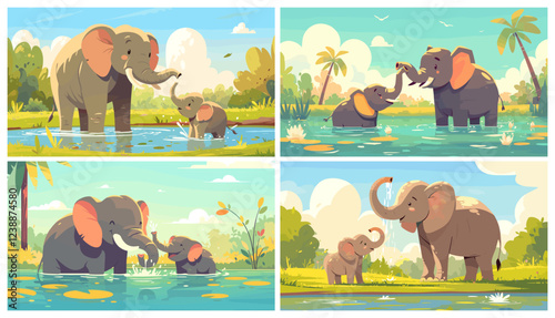 Elephant mom and baby. Cute cartoon children motherhood jungle big animal bath wash in river water vector illustration