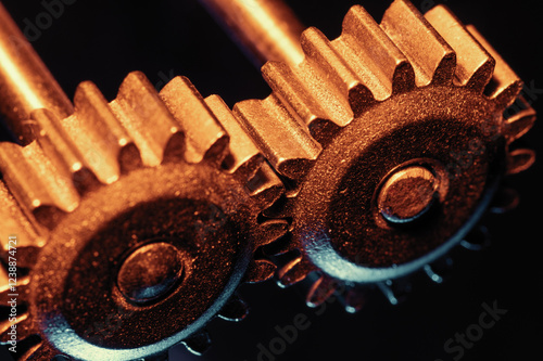 Macro photo of two interlocking gears.