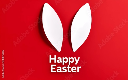 Red-Themed Happy Easter Bunny in Paper Cut Style: Festive Poster Design Material