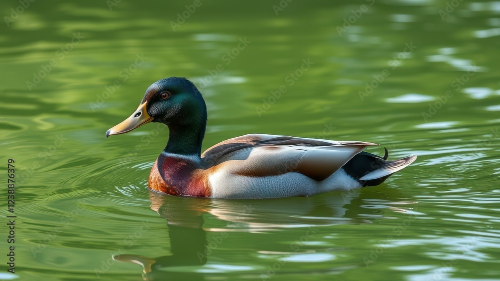 Mallard duck gliding gracefully on a serene pond during a bright sunny day Mallard duck gliding gracefully on a serene pond during a bright sunny day